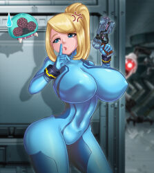Rule 34 | 1girl, anger vein, blonde hair, blue bodysuit, blue eyes, blue gloves, blurry, blurry background, bodysuit, breasts, covered erect nipples, covered navel, cowboy shot, e.m.m.i., fenrox, finger to mouth, gloves, gun, highres, holding, holding gun, holding weapon, huge breasts, impossible clothes, indoors, lips, long hair, metroid, metroid (creature), nintendo, parted lips, ponytail, samus aran, shiny clothes, shushing, solo, standing, sweatdrop, swept bangs, weapon, zero suit