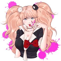 Rule 34 | 1girl, bear hair ornament, black choker, black shirt, blonde hair, blood, blood on face, blue eyes, bow, breasts, choker, cleavage, collarbone, cropped torso, danganronpa: trigger happy havoc, danganronpa (series), enoshima junko, hair ornament, kurosshe, large breasts, nail polish, necktie, pink blood, red bow, red nails, shirt, short sleeves, simple background, smile, solo, tongue, tongue out, twintails, white background, white necktie