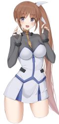 Rule 34 | 1girl, black gloves, blush, bodystocking, bracelet, breasts, brown hair, covered collarbone, cropped legs, dress, fingerless gloves, gloves, grey dress, hair ribbon, hands up, jewelry, kopaka (karda nui), long hair, looking at viewer, lyrical nanoha, medium breasts, open mouth, parted bangs, purple eyes, ribbon, side ponytail, simple background, solo, strapless, strapless dress, sweatdrop, takamachi nanoha, takamachi nanoha (aggressor mode), takamachi nanoha (exceed mode), very long hair, white background, white ribbon