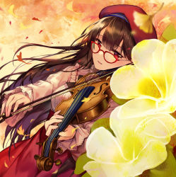 Rule 34 | 1girl, bad id, bad pixiv id, beret, blurry, blurry foreground, brown hair, commentary request, depth of field, flower, ginkgo leaf, ginkgo tree, hair between eyes, hat, highres, holding, holding instrument, holding violin, instrument, leaf, long hair, long sleeves, original, parted lips, pierorabu, red eyes, red hat, red skirt, shirt, skirt, sleeves past wrists, solo, very long hair, violin, white shirt, yellow flower