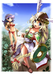 Rule 34 | 2girls, ankle lace-up, anklet, armband, armor, armored dress, athena (series), bikini, blonde hair, blue eyes, braid, breasts, cross-laced footwear, front-tie top, gladiator sandals, green armor, hair ribbon, helmet, jewelry, katahira masashi, large breasts, long hair, looking back, medium breasts, multiple girls, princess athena, purple eyes, purple hair, red bikini, ribbon, sandals, shield, side-tie bikini bottom, snk, swimsuit, sword, underboob, valkyrie (vnd), valkyrie no densetsu, weapon, winged helmet