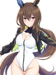 Rule 34 | 1girl, admire vega (umamusume), alice gear aegis, animal ears, breasts, brown hair, cleavage, cleavage cutout, clothing cutout, collarbone, companion/af, covered navel, cowboy shot, ear covers, gradient eyes, groin, highres, horse ears, horse girl, leotard, looking at viewer, low ponytail, multicolored eyes, simple background, solo, strapless, strapless leotard, tsukiyuki mike, umamusume, v-shaped eyebrows, white background, white leotard, zipper leotard