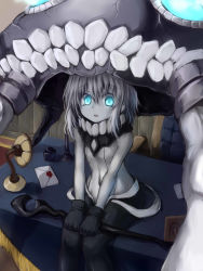 Rule 34 | 10s, 1girl, abyssal ship, bad id, bad pixiv id, blue eyes, bodysuit, gloves, glowing, glowing eyes, highres, kantai collection, long hair, looking at viewer, monster, oukawa yuu, pale skin, personification, silver hair, solo, wo-class aircraft carrier