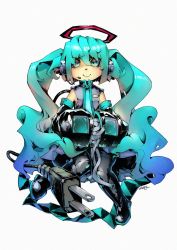 Rule 34 | 1girl, aqua eyes, aqua hair, artist name, cable, detached sleeves, halo, hatsune miku, headset, highres, long hair, simple background, smile, solo, twintails, very long hair, vocaloid, white background, wy lee (pixelnoodle)
