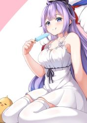 Rule 34 | 1girl, :q, absurdres, animal, azur lane, bare arms, bare shoulders, bird, black ribbon, blush, breasts, chick, cleavage, closed mouth, collarbone, commentary request, dress, food, hair ribbon, highres, holding, holding food, long hair, looking at viewer, manjuu (azur lane), medium breasts, moyoron, official alternate costume, pink background, pleated dress, popsicle, purple eyes, purple hair, ribbon, sitting, sleeveless, sleeveless dress, smile, solo, thighhighs, tongue, tongue out, two-tone background, unicorn (azur lane), unicorn (icy-sweet storytime) (azur lane), very long hair, wariza, white background, white dress, white thighhighs