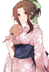 Rule 34 | 1girl, brown eyes, brown hair, commentary request, floral print, green ribbon, hair intakes, hair ribbon, half updo, hand fan, japanese clothes, jintsuu (kancolle), kantai collection, kimono, kocona, long hair, looking at viewer, obi, one-hour drawing challenge, pink kimono, ponytail, ribbon, sash, simple background, solo, twitter username, white background, yukata