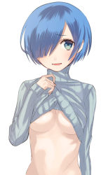Rule 34 | 10s, 1girl, arm at side, bad id, bad pixiv id, blue eyes, blue hair, breasts, clothes lift, grey sweater, hair over one eye, head tilt, kichannico, lifted by self, looking at viewer, medium breasts, parted lips, re:zero kara hajimeru isekai seikatsu, rem (re:zero), ribbed sweater, short hair, simple background, sleeves past wrists, solo, sweater, sweater lift, turtleneck, turtleneck sweater, upper body, white background
