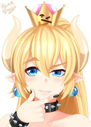Rule 34 | 1girl, absurdres, artist name, bare shoulders, black nails, blacksaikou, blonde hair, blue eyes, bowsette, bracelet, collar, collarbone, commentary, crown, earrings, emoji, expressive clothes, fang, fang out, hair between eyes, hand on own chin, highres, horns, jewelry, long hair, mario (series), nail polish, new super mario bros. u deluxe, nintendo, pink hair, ponytail, portrait, raised eyebrow, simple background, solo, spiked bracelet, spiked collar, spikes, super crown, thick eyebrows, thinking, uneven eyes, white background