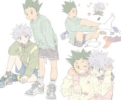 Rule 34 | 2boys, alternate costume, anger vein, bad id, bad twitter id, black hair, black shorts, blue eyes, blue shorts, chibi, closed mouth, dressing, gon freecss, grey hair, grin, hands in pockets, highres, hunter x hunter, jacket, killua zoldyck, long sleeves, male focus, multiple boys, multiple views, one eye closed, shirt, shoes, shorts, simple background, sitting, smile, sneakers, socks, spiked hair, squiggle, standing, toripippi 7, white background, white legwear, yellow eyes