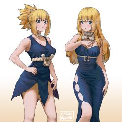 Rule 34 | 2girls, artist name, bare shoulders, blonde hair, blue dress, blue eyes, breasts, carlo montie, chestnut mouth, cleavage, covered erect nipples, dr. stone, dress, hand on own hip, hand up, kohaku (dr. stone), long hair, looking at viewer, medium breasts, multiple girls, ponytail, rope, rope belt, ruri (dr. stone), siblings, sidelocks, simple background, sisters, standing, white background