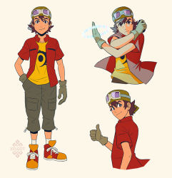 Rule 34 | 1boy, artist name, brown hair, brown pants, closed mouth, collarbone, digimon, digimon frontier, full body, gloves, goggles, goggles on head, hand in pocket, hat, kanbara takuya, looking at viewer, male focus, multiple views, open clothes, open shirt, pants, red shirt, shirt, shoes, short hair, short sleeves, simple background, smile, sneakers, standing, xelgot, yellow shirt