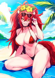 absurdres beach beach_towel bikini breasts flower flower_on_head highres large_breasts legs nail_polish palm_tree red_bikini red_hair squished_boobs sunglasses swimsuit thick_thighs thighs thong tohka_arts towel tree virtual_youtuber vshojo yellow_eyes zentreya