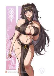 Rule 34 | 1girl, absurdres, artist name, black eyes, black hair, black nails, blunt ends, breasts, circlet, commentary, criss-cross halter, deliciousbrain, english commentary, eyeshadow, fire emblem, fire emblem awakening, halterneck, highres, large breasts, long hair, looking at viewer, makeup, meme attire, nail polish, navel, nintendo, pelvic curtain, smile, solo, tharja (fire emblem), two side up, yomorio lingerie