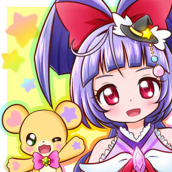 Rule 34 | 1girl, :d, ;d, bear, black hat, blush, bow, brooch, creature, cure magical, gem, hair bow, hat, hinata naomi, izayoi liko, jewelry, long hair, magical girl, mahou girls precure!, mini hat, mini witch hat, mofurun (mahou girls precure!), one eye closed, open mouth, pink bow, precure, purple hair, red bow, red eyes, riko (mahou girls precure!), smile, star (symbol), upper body, witch hat, yellow background