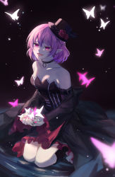 Rule 34 | 1girl, :d, absurdres, bare shoulders, black collar, black footwear, black hat, boots, breasts, bug, butterfly, collar, collarbone, detached sleeves, flower, hat, hat flower, highres, insect, jewelry, kaedetou, knee boots, kneeling, large breasts, long sleeves, looking at viewer, lucid (maplestory), maplestory, medium hair, nail polish, open mouth, pink eyes, pink hair, pointy ears, red flower, red nails, red sleeves, ring, rose, smile, solo
