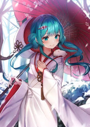 Rule 34 | 1girl, backlighting, bare tree, closed mouth, commentary request, day, floating hair, green eyes, green hair, hair ornament, hatsune miku, highres, holding, holding umbrella, japanese clothes, kimono, long hair, long sleeves, looking away, looking to the side, oil-paper umbrella, on shoulder, outdoors, rangu, red umbrella, revision, smile, snow, snow rabbit, solo, standing, tree, twintails, uchikake, umbrella, very long hair, vocaloid, white kimono, wide sleeves, yuki miku, yuki miku (2013)