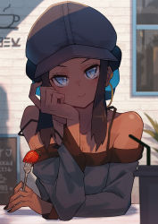 Rule 34 | 1girl, black hat, blue eyes, blue hair, blurry, brown hair, closed mouth, collarbone, commentary request, creatures (company), cup, dark-skinned female, dark skin, drinking straw, eyelashes, food, fork, fruit, game freak, hat, head rest, highres, holding, holding fork, katsu (katsupainter), looking at viewer, multicolored hair, nail polish, nessa (pokemon), nintendo, off-shoulder shirt, off shoulder, pokemon, pokemon: twilight wings, shirt, sign, smile, solo, strap slip, strawberry, two-tone hair, window