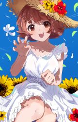 Rule 34 | 1girl, :3, absurdres, bare shoulders, blue sky, blush, bow, breasts, brown eyes, brown hair, collarbone, dress, falling petals, flower, frilled dress, frills, hands up, hat, hat flower, highres, idolmaster, idolmaster million live!, idolmaster million live! theater days, knee up, looking at viewer, medium breasts, nail polish, nonohara akane, ooho0216, open mouth, orange nails, paw pose, petals, red flower, short hair, sitting, sky, smile, solo, straw hat, sunflower, waist bow, white bow, white dress, white flower