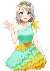 Rule 34 | 1girl, :d, bad id, bad pixiv id, blue eyes, blush, collarbone, commentary request, dress, grey hair, head wreath, light blush, looking at viewer, love live!, love live! school idol festival, love live! sunshine!!, multicolored clothes, multicolored dress, open mouth, short hair, simple background, single strap, skirt hold, smile, solo, suzume miku, watanabe you, waving, white background