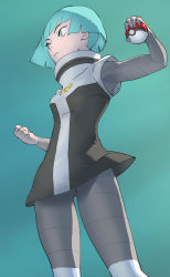 Rule 34 | 1girl, blunt bangs, bodysuit, bodysuit under clothes, breasts, clenched hand, closed mouth, commentary request, creatures (company), dress, from below, frown, game freak, green background, green eyes, green hair, grey bodysuit, high collar, highres, holding, holding poke ball, logo, looking to the side, nintendo, poke ball, poke ball (basic), pokemon, pokemon dppt, short dress, short hair, solo, team galactic, team galactic grunt, team galactic uniform, tombiiwa