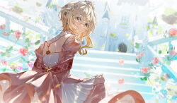 Rule 34 | 1girl, alternate costume, back, back cutout, blonde hair, castle, closed mouth, clothing cutout, crossed bangs, day, dress, earrings, flower, from behind, genshin impact, hair between eyes, hair ornament, highres, jewelry, juliet sleeves, long sleeves, looking at viewer, looking back, lumine (genshin impact), puffy sleeves, red dress, rose, short hair with long locks, sidelocks, skirt hold, solo, stairs, star (symbol), star hair ornament, statue, sunlight, tiara, upper body, yaner 10, yellow eyes