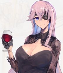 Rule 34 | 1girl, azur lane, black dress, black gloves, blue eyes, breasts, cleavage, closed mouth, cup, dress, drinking glass, earrings, eyepatch, gloves, hair between eyes, holding, holding cup, jewelry, large breasts, long hair, looking at viewer, marshall k, purple hair, scharnhorst (azur lane), scharnhorst (panther und pflaume) (azur lane), simple background, smile, solo, wine glass