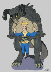Rule 34 | 1boy, 1girl, absurdres, between breasts, blonde hair, breasts, deathclaw, fallout (series), grabbing, grabbing another&#039;s breast, head between breasts, highres, horns, kadim, large breasts, monster, tail, vault boy, yellow eyes