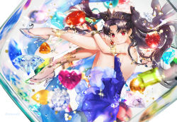Rule 34 | 1girl, armlet, bare shoulders, black hair, blue dress, bow, bracelet, breasts, closed mouth, crystal, diamond (gemstone), dress, earrings, fate/grand order, fate (series), floating hair, flower, from side, full body, gem, glass slipper, glint, hair bow, heart, hugging own legs, in container, ishtar (fate), jewelry, long hair, looking at viewer, parted bangs, plantar flexion, red eyes, red gemstone, shutsuri, sideboob, smile, solo, sparkle, strapless, strapless dress, submerged, tiara, transparent, two side up, very long hair, white background, yellow legwear