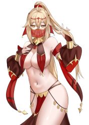 Rule 34 | 1girl, :|, alternate costume, alternate hairstyle, astrea (narutsuart), blonde hair, borrowed character, breasts, circlet, cleavage, closed mouth, commentary, commission, dancer, english commentary, expressionless, gem, genshin impact, gold trim, hair between eyes, harem outfit, highres, jewelry, large breasts, long hair, long sleeves, looking at viewer, mchiefy, mouth veil, navel, neck ring, omega symbol, original, ponytail, puffy long sleeves, puffy sleeves, see-through, sidelocks, simple background, solo, symbol-shaped pupils, thighs, upper body, veil, very long hair, white background