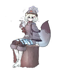 Rule 34 | 1girl, absurdres, alcohol, animal ear fluff, animal ears, blue archive, blue hair, blue thighhighs, blush, boots, branch, cape, drink, gloves, grey gloves, grey hat, hair ornament, hairpin, halo, hat, highres, knee guards, looking at viewer, multicolored eyes, open mouth, ryu (ryu10733), shigure (blue archive), simple background, sitting, solo, tail, thighhighs, weasel ears, weasel tail, white background, white footwear, white gloves