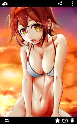 Rule 34 | 10s, 1girl, alternate costume, bad id, bad pixiv id, bikini, bikini top only, bottomless, breasts, brown hair, cleavage, cloud, cloudy sky, collarbone, franz (217franz), hairband, highres, kantai collection, large breasts, looking at viewer, navel, no panties, open mouth, orange eyes, orange sky, outdoors, red hairband, shiratsuyu (kancolle), sky, solo, string bikini, sweat, swimsuit, upper body, white bikini