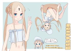 Rule 34 | 1girl, abigail williams (fate), abigail williams (swimsuit foreigner) (fate), abigail williams (swimsuit foreigner) (third ascension) (fate), absurdres, bare shoulders, bikini, blonde hair, blue eyes, blush, bonnet, bow, breasts, fate/grand order, fate (series), forehead, hair bow, highres, innertube, kopaka (karda nui), long hair, looking at viewer, miniskirt, multiple views, navel, parted bangs, sidelocks, skirt, small breasts, smile, speech bubble, swim ring, swimsuit, thighs, translation request, twintails, upside-down, v, very long hair, white bikini, white bow, white headwear
