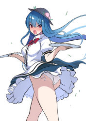 Rule 34 | 1girl, :o, absurdres, amisu, arms up, ass, black headwear, blue hair, blue skirt, blush, breasts, center frills, clothes lift, commentary request, dot nose, dress, embarrassed, eyelashes, feet out of frame, frilled skirt, frills, fruit hat ornament, highres, hinanawi tenshi, holding, holding plate, large breasts, long hair, looking at viewer, nose blush, one-hour drawing challenge, open mouth, panties, peach hat ornament, plate, puffy short sleeves, puffy sleeves, red eyes, red neckwear, red ribbon, ribbon, shirt, short sleeves, simple background, skirt, skirt lift, solo, standing, sweatdrop, thighs, touhou, underwear, v-shaped eyebrows, white background, white panties, white shirt, wind, wind lift, wing collar