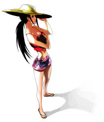 Rule 34 | hat, midriff, original, ponytail, sammohung, short shorts, shorts, simple background, standing, straw hat, tank top, white background