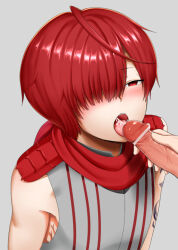 Rule 34 | 2boys, ahoge, anonymous male, arm tattoo, blush, censored, cum, cum in mouth, fangs, fate/grand order, fate (series), femboy, fully clothed male, fuuma kotarou (fate), hair over one eye, half-closed eyes, male focus, multiple boys, parted bangs, penis, penis on tongue, pointless censoring, red eyes, red hair, short hair, shoulder tattoo, simple background, tattoo, teeth, tongue, tongue out, trap, upper body, upper teeth only, veins, veiny penis, yaoi