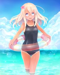 Rule 34 | 10s, 1girl, bad proportions, blonde hair, blue eyes, flower, glasses, hair flower, hair ornament, highres, innertube, kantai collection, lifebuoy, long hair, nomio, one-piece swimsuit, open mouth, ro-500 (kancolle), school swimsuit, swim ring, swimsuit, tan, tanline, wading, water