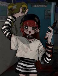 Rule 34 | 1girl, animal collar, arm tattoo, beanie, black hat, blood, blood on clothes, blood on face, blood on hands, bloody knife, bloody weapon, blunt bangs, bright pupils, brown eyes, collar, commentary request, cowboy shot, dark, dress, ear chain, ear piercing, earrings, fang, fingernails, hand up, hat, highres, holding, holding knife, holding stuffed toy, holding weapon, indoors, jewelry, knife, layered sleeves, long hair, long sleeves, looking at viewer, open mouth, original, oshio (shioqqq), piercing, red hair, shirt, short dress, short over long sleeves, short sleeves, solo, standing, striped clothes, striped dress, stuffed animal, stuffed frog, stuffed toy, stuffing, t-shirt, tattoo, train station, very long hair, weapon, white pupils, white shirt