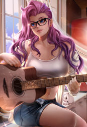 Rule 34 | 1girl, absurdres, artist name, bearwitch, black-framed eyewear, blue eyes, breasts, cat, closed mouth, collarbone, commentary, crop top, curtains, day, denim, denim shorts, earrings, glasses, guitar, heart, heart earrings, highres, holding, indoors, instrument, jewelry, large breasts, league of legends, lips, long hair, long sleeves, midriff, music, navel, parted lips, playing instrument, purple hair, realistic, seraphine (league of legends), shirt, short shorts, shorts, sitting, smile, solo, stomach, wavy hair, white shirt