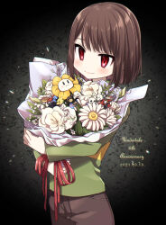 Rule 34 | 1other, alphys, anniversary, black background, blush, bouquet, brown hair, brown pants, chara (undertale), closed mouth, copyright name, dated, english text, flower, flowey (undertale), frisk (undertale), green sweater, highres, holding, holding bouquet, leaf, leftporygon, long sleeves, looking down, pants, papyrus (undertale), red eyes, red ribbon, ribbon, sans (undertale), short hair, smile, solo, striped clothes, striped sweater, sweater, toriel, turtleneck, turtleneck sweater, undertale, undyne, white flower, yellow sweater