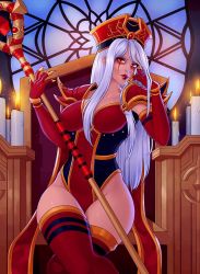 Rule 34 | 1girl, hat, looking at another, red eyes, red hat, red legwear, red lips, sally whitemane, sienna artwork, staff, thick thighs, thighs, warcraft, white hair, world of warcraft