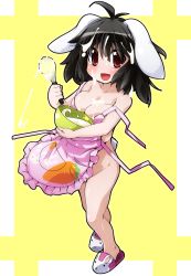 Rule 34 | 1girl, animal ears, apron, black hair, bowl, breast press, breasts, cleavage, cooking, dirty, female focus, food, groin, huge breasts, inaba tewi, large breasts, legs, naked apron, no nose, open mouth, rabbit ears, rabbit girl, rabbit tail, red eyes, semahiro, sexually suggestive, short hair, slippers, solo, standing, tail, touhou, wardrobe malfunction