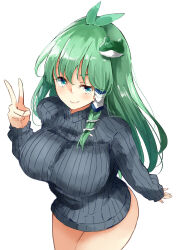 Rule 34 | 1girl, antenna hair, blue eyes, blush, breasts, commentary request, cowboy shot, curvy, deetamu, frog hair ornament, from above, green hair, grey sweater, hair ornament, hair tubes, highres, kochiya sanae, large breasts, long hair, long sleeves, looking at viewer, no pants, ribbed sweater, simple background, smug, snake hair ornament, solo, sweater, thighs, touhou, turtleneck, v, white background