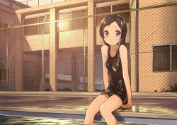 Rule 34 | 1girl, bad id, bad pixiv id, black eyes, black hair, black one-piece swimsuit, blush, chain-link fence, domo1220, fence, long hair, looking at viewer, one-piece swimsuit, original, pool, poolside, school swimsuit, sitting, soaking feet, solo, swimsuit, twilight, water, wet