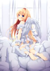 Rule 34 | 1girl, absurdres, angel, angel wings, arms at sides, bandaged leg, bandages, bare shoulders, barefoot, blonde hair, blue eyes, blurry edges, blush, closed mouth, commentary, crossed bangs, curtains, dress, eyes visible through hair, feathered wings, feet, floating hair, from behind, full body, hair between eyes, hair intakes, halo, highres, hiragana iroiro, indoors, long hair, looking at viewer, looking back, off-shoulder dress, off shoulder, original, pillow, smile, soles, solo, toes, white dress, white wings, white wrist cuffs, wings, wrist cuffs