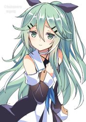 Rule 34 | 1girl, arm up, black ribbon, blue neckerchief, blue ribbon, blush, breasts, closed mouth, detached sleeves, fathom, green eyes, green hair, hair between eyes, hair ornament, hair ribbon, hairclip, highres, kantai collection, long hair, looking at viewer, neckerchief, one-hour drawing challenge, open mouth, ponytail, ribbon, school uniform, serafuku, sidelocks, simple background, smile, solo, thighhighs, twitter username, white background, yamakaze (kancolle), zettai ryouiki