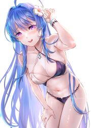 Rule 34 | 1girl, ahoge, azur lane, bare shoulders, bent over, bikini, black bikini, blue hair, blue nails, blush, bracelet, breasts, criss-cross halter, flower, hair flower, hair ornament, halterneck, hand on own thigh, hand up, helena (azur lane), helena (shimmering triangle wave) (azur lane), highres, jewelry, kurono hyouka, long hair, looking at viewer, medium breasts, nail polish, navel, official alternate costume, open mouth, purple eyes, simple background, smile, solo, swimsuit, teeth, twitter username, two-tone bikini, upper teeth only, very long hair, wet, white background, white bikini, white flower
