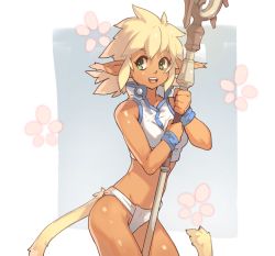 Rule 34 | 1girl, :d, bare shoulders, blue eyes, bright pupils, cat tail, commentary, cowboy shot, english commentary, fam (ruin explorers), fundoshi, hikyou tanken fam &amp; ihrie, holding, holding staff, japanese clothes, looking at viewer, open mouth, pointy ears, smile, solo, staff, standing, tail, vins-mousseux, white pupils, wristband