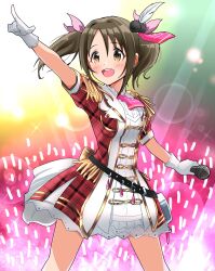 Rule 34 | 1girl, across the stars (idolmaster), arm up, belt, black belt, blush, bow, breasts, brown eyes, brown hair, cowboy shot, dot nose, dress, epaulettes, feather hair ornament, feathers, gloves, glowstick, hair bow, hair ornament, hair ribbon, highres, holding, holding microphone, idolmaster, idolmaster cinderella girls, idolmaster cinderella girls starlight stage, imai kana, lens flare, lens flare abuse, long hair, looking at another, medium breasts, microphone, multicolored background, nanananananasea, necktie, open mouth, pink necktie, pink ribbon, plaid, plaid dress, pointing, pointing at another, reaching, ribbon, short sleeves, smile, solo, sparkle, stage lights, standing, twintails, two-tone dress, white gloves