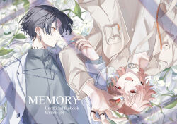 Rule 34 | 2boys, absurdres, artist name, black hair, brown jacket, english text, facing to the side, fanbook, flower, grey hair, grey shirt, highres, holding pill, itsuki (paradox live), jacket, looking at object, male focus, medium hair, miya (38magical), multicolored hair, multiple boys, neck tattoo, paradox live, pill, pink hair, red eyes, rokuta (paradox live), shirt, short hair, tattoo, white flower, white jacket, white shirt