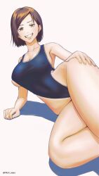 Rule 34 | 1girl, ass, bare arms, bare legs, bare shoulders, blue one-piece swimsuit, bob cut, breasts, brown eyes, brown hair, collarbone, cowboy shot, curvy, fang, grin, hand on own hip, highleg, highleg swimsuit, highres, illust aqua, jujutsu kaisen, kugisaki nobara, large breasts, lips, looking at viewer, navel, ocean, one-piece swimsuit, outdoors, railing, shiny skin, short hair, simple background, smile, solo, stomach, sunglasses, swimsuit, white background